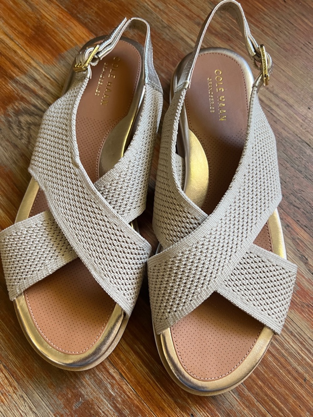 Cole Haan Beige Knit Cross-Strap Slingback Sandals with Gold Footbed